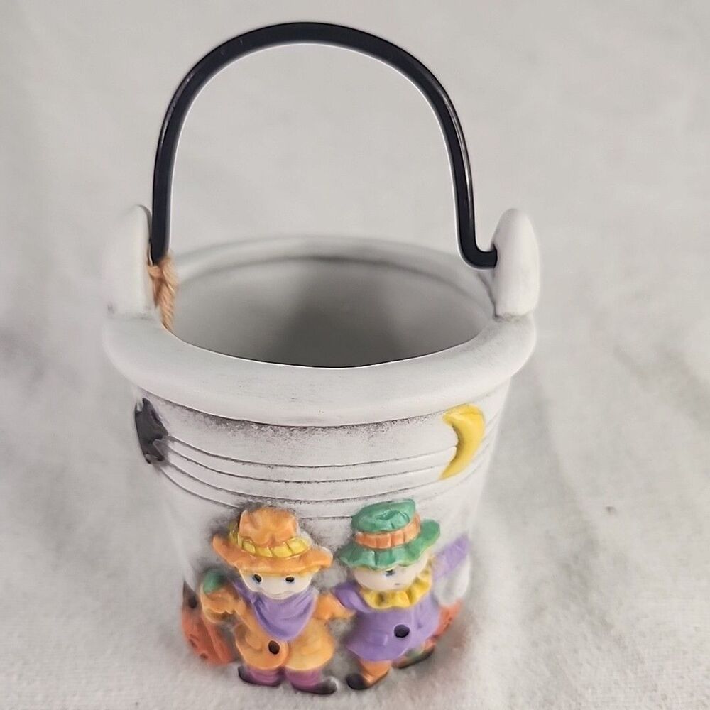 Bucket Ceramic Pail Fall Halloween Scarecrows and Pumpkins Unmarked Vintage